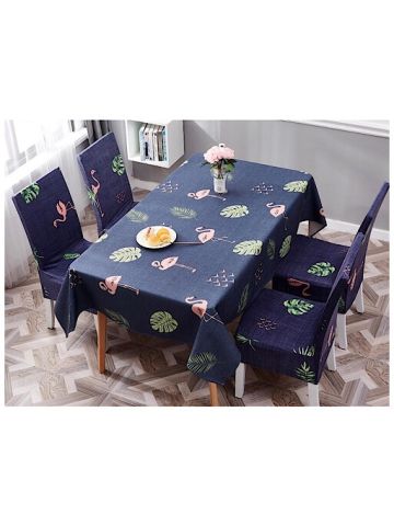 Table Cloth 140x180 Cm With Dining Chair Cover, 5 Pieces Set, Flamingo And Leaves Design