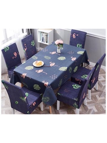Table Cloth 140x210 Cm With Dining Chair Cover, 7 Pieces Set, Flamingo And Leaves Design