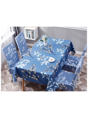Table Cloth 140x180 Cm With Dining Chair Cover, 5 Pieces Set, White Leaves Design