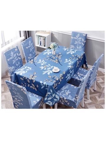 Table Cloth 140x210 Cm With Dining Chair Cover, 7 Pieces Set, White Leaves Design