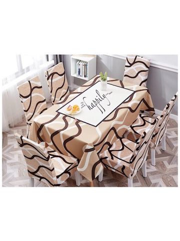 Table Cloth 140x210 Cm With Dining Chair Cover, 7 Pieces Set, Brown Stripe Design