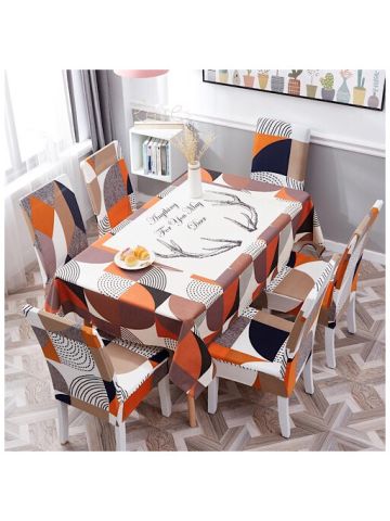 Table Cloth 140x210 Cm With Dining Chair Cover, 7 Pieces Set, Broken Line  Design