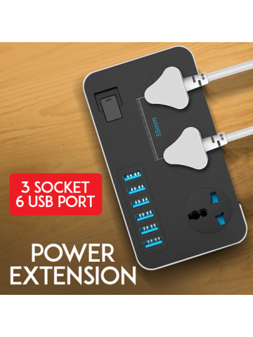 Power Socket Extension With 3 AC Sockets & 6 USB Ports