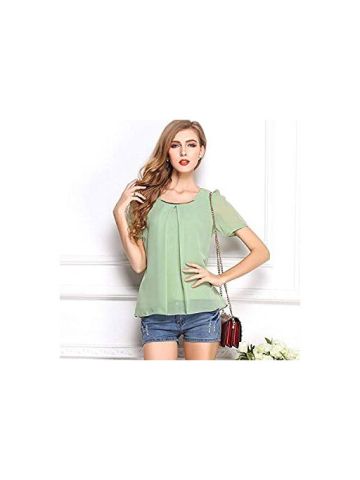 Y&d Women's Round Neck Short Sleeve Chiffon Top Solid Color Hollow out Blouse Light Green Color