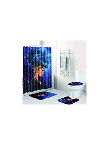 4Pcs Sea Style Non Slip Toilet Polyester Cover Mat Set Bathroom Shower Curtain