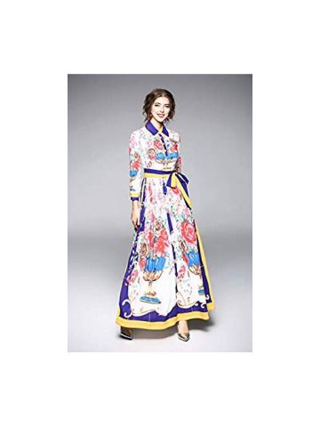 Y&D Women'S Floral A Line Patchwork Flower Decor Long Sleeve Midi Sweet Print Dress Multi Color