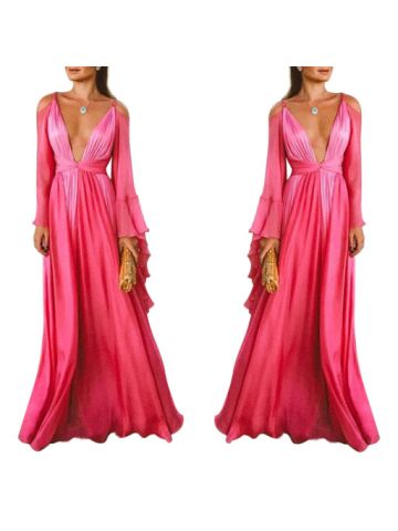 Y&D Evening Dress, Deep V Neck Long Sleeve Skirt