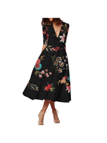 Y&D V Neck Floral Print Short Sleeve Dress For Women