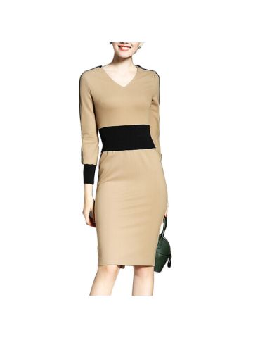 Y&D Bodycon V Neck Dress For Women, Khaki
