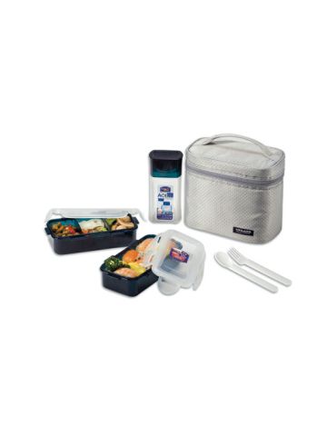 Lock & Lock Lunch Box 3Pc Gray Bag & Spoon/Fork Set