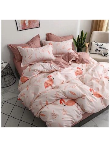 Single Size, Peach Flamingo Design, Bedding Set Of 4 Pieces