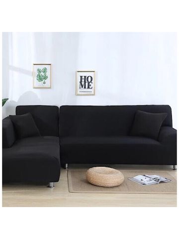 Deals For Less - Sofa Cover Black Color Design - L Shape 2 Pieces Set