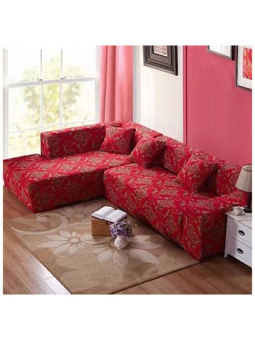Sofa Cover Red Bohemia Design - L Shape 2 Pieces Set