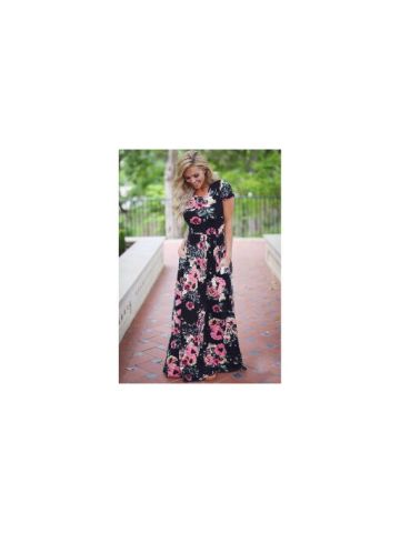 Y&D Women's Casual Aline Round Neck Short Sleeve Floral Comfy Flower Printed Maxi Long Dress