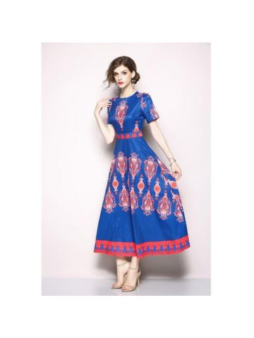 Y&D Women's A Line Dress Floral Print Pattern Solid Color Round Neck Short Sleeve Sweet Maxi Dress Multi Color