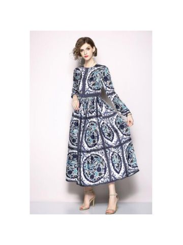 Y&D Women's Dress Round Neck Long Sleeve Floral Printing Chiffon Maxi Sweet Dress Multi