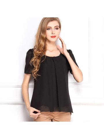 Y&D Round Neck Solid Pattern Chiffon Material Short Sleeve Blouse For Women Black Color