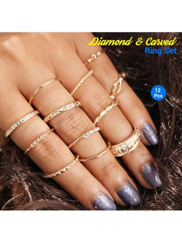 Women's Alloy With Diamond And Carved 12 Pieces Ring Set,  J30KK