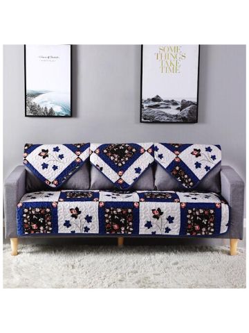 Two Seater Reversible Sofa Cover, 3 Pieces Set, Blue Leaves Design