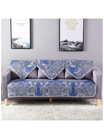 Three Seater Reversible Sofa Cover, 4 Pieces, Blue Boho Chic Design