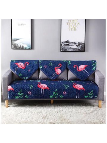 Two Seater Reversible Sofa Cover, 3 Pieces Set, Flamingo And Leaves Design