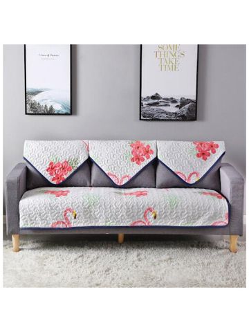 Three Seater Reversible Sofa Cover, 4 Pieces, Flamingo And Flower  Design