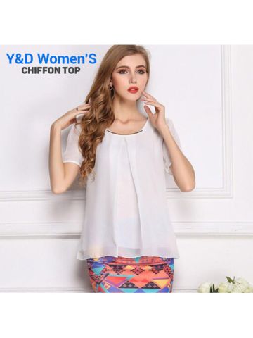 Y&D Women'S Round Neck High Fashion Short Sleeve Chiffon Top Solid Color Hollow Out Blouse White Color